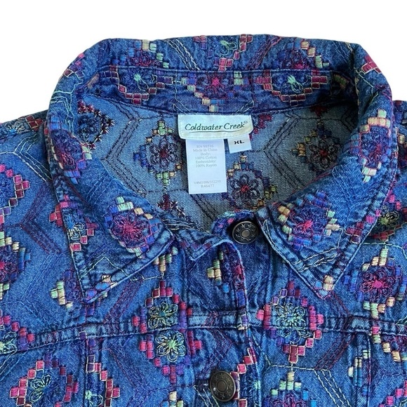 COLDWATER CREEK Boho Aztec Tribal Multicolor Embroidered Cotton Denim Jacket XL - Picture 8 of 16